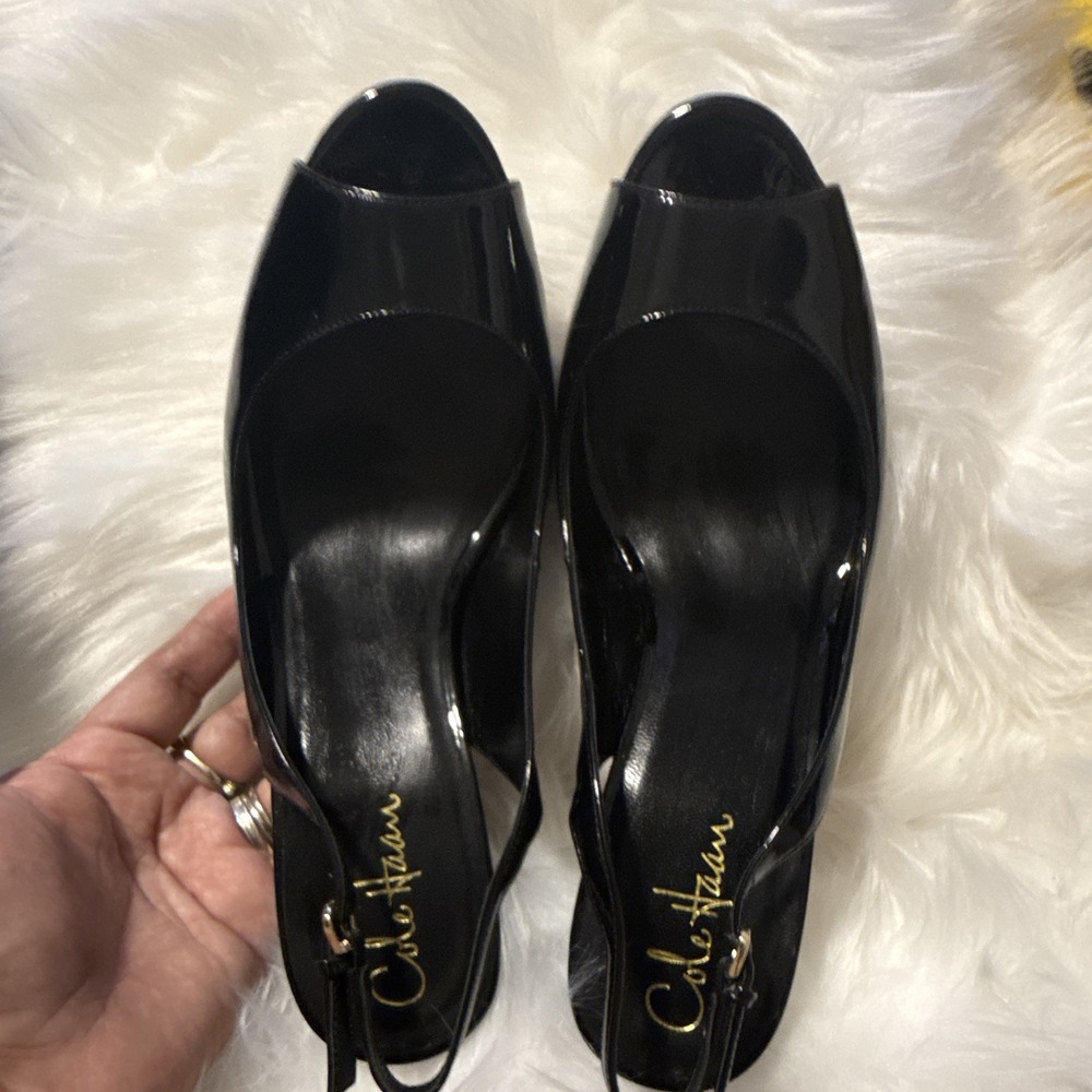 Cole Haan Black Patent Leather Slingback Open Toe Nike Air Stiletto Heels 10B - Picture 2 of 12